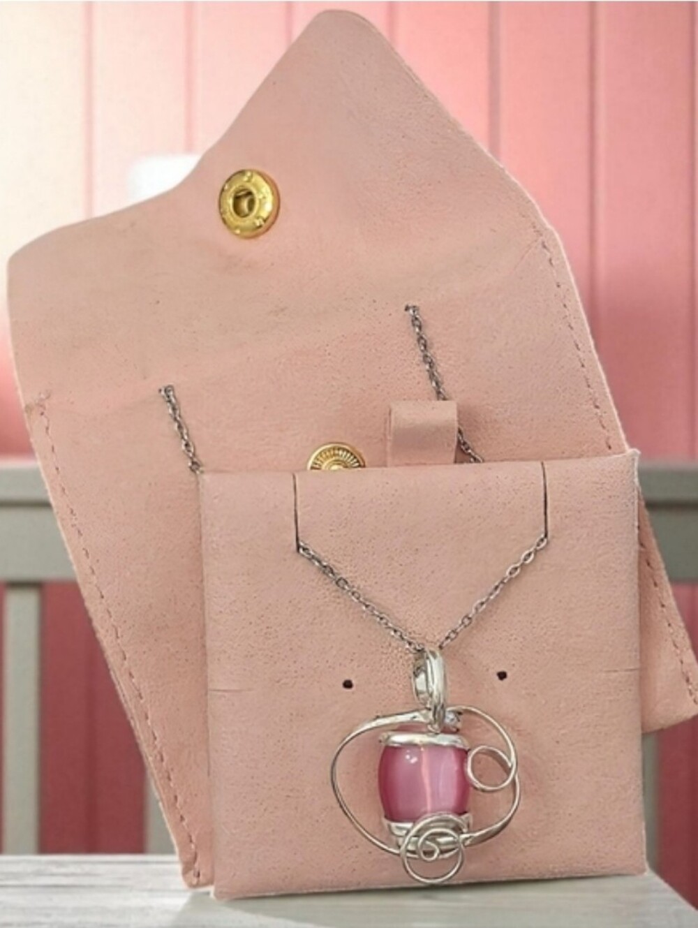 Pink Semi-Precious Wrapped Gemstone On 18" Stainless Steel Rope Chain - Picture 4 of 5